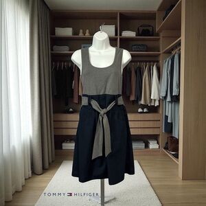 Tommy Hilfiger, Summer Dress With Cotton Top & Poplin Skirt, S, Gray, Navy